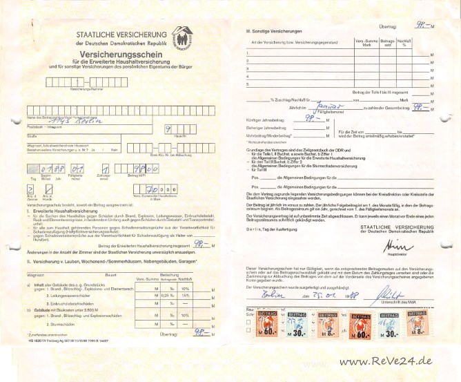Versicherungsschein: Erweiterte Haushaltversicherung - Staatliche Versicherung der DDR (1988)